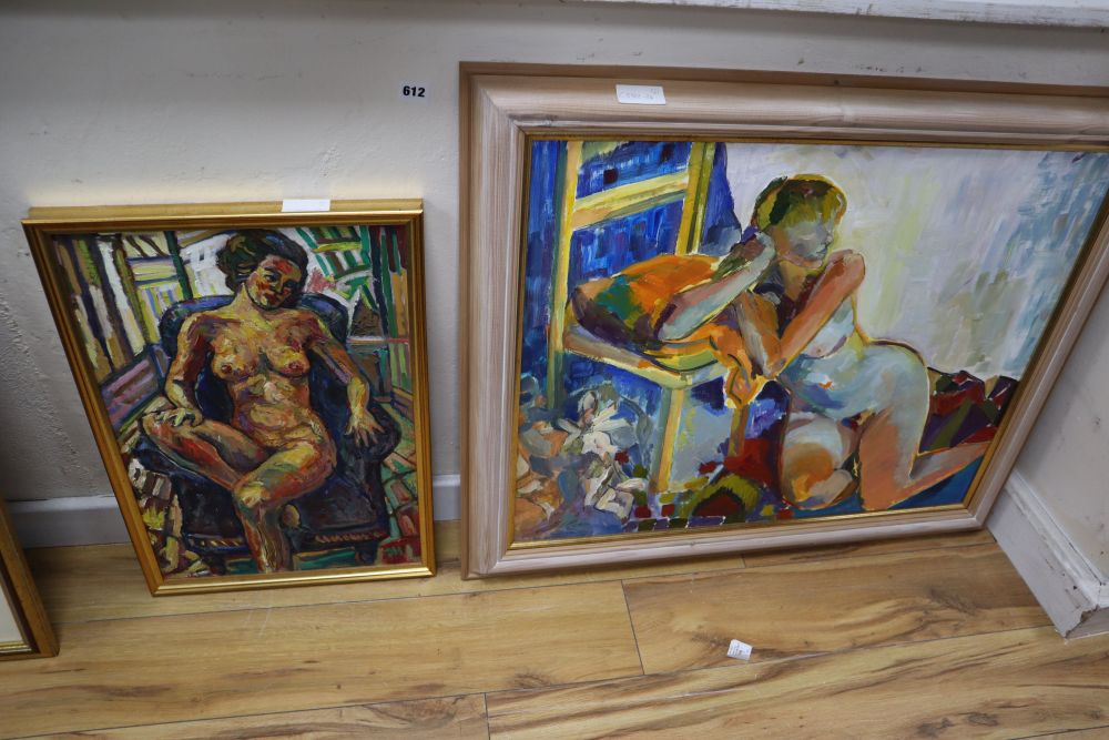 Dino Mazzoli, oil on board, Seated female nude and another nude study by Gill Emslie, 55 x 37cm and 60 x 75cm